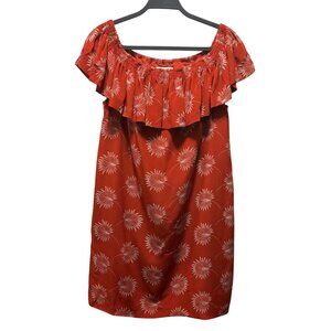 Madewell Red Off-Shoulder Palmflower Pattern Dress Size S 100% Silk